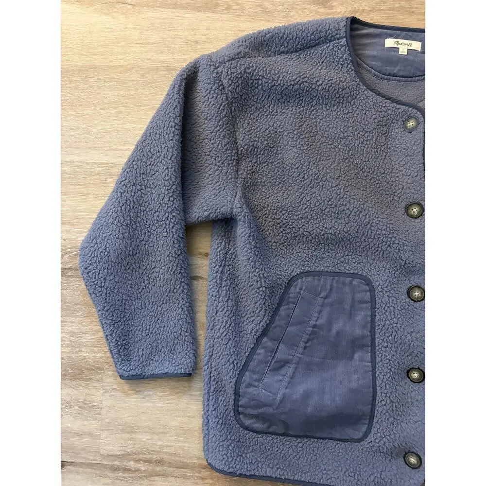 Madewell Fleece Cardigan Jacket Button Re)sourced Shacket Blue